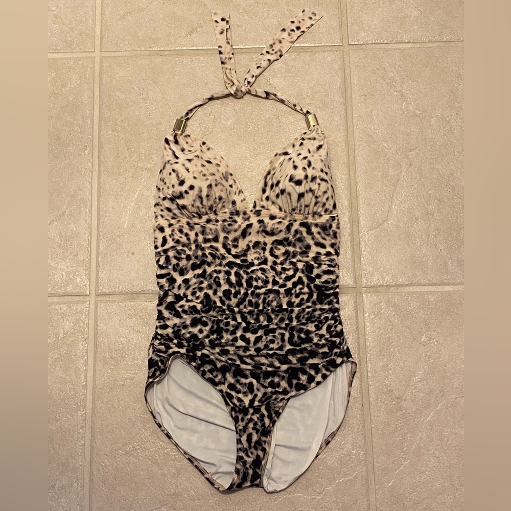 Calvin Klein Leopard Print Halter One Piece Swimsuit - Size 10